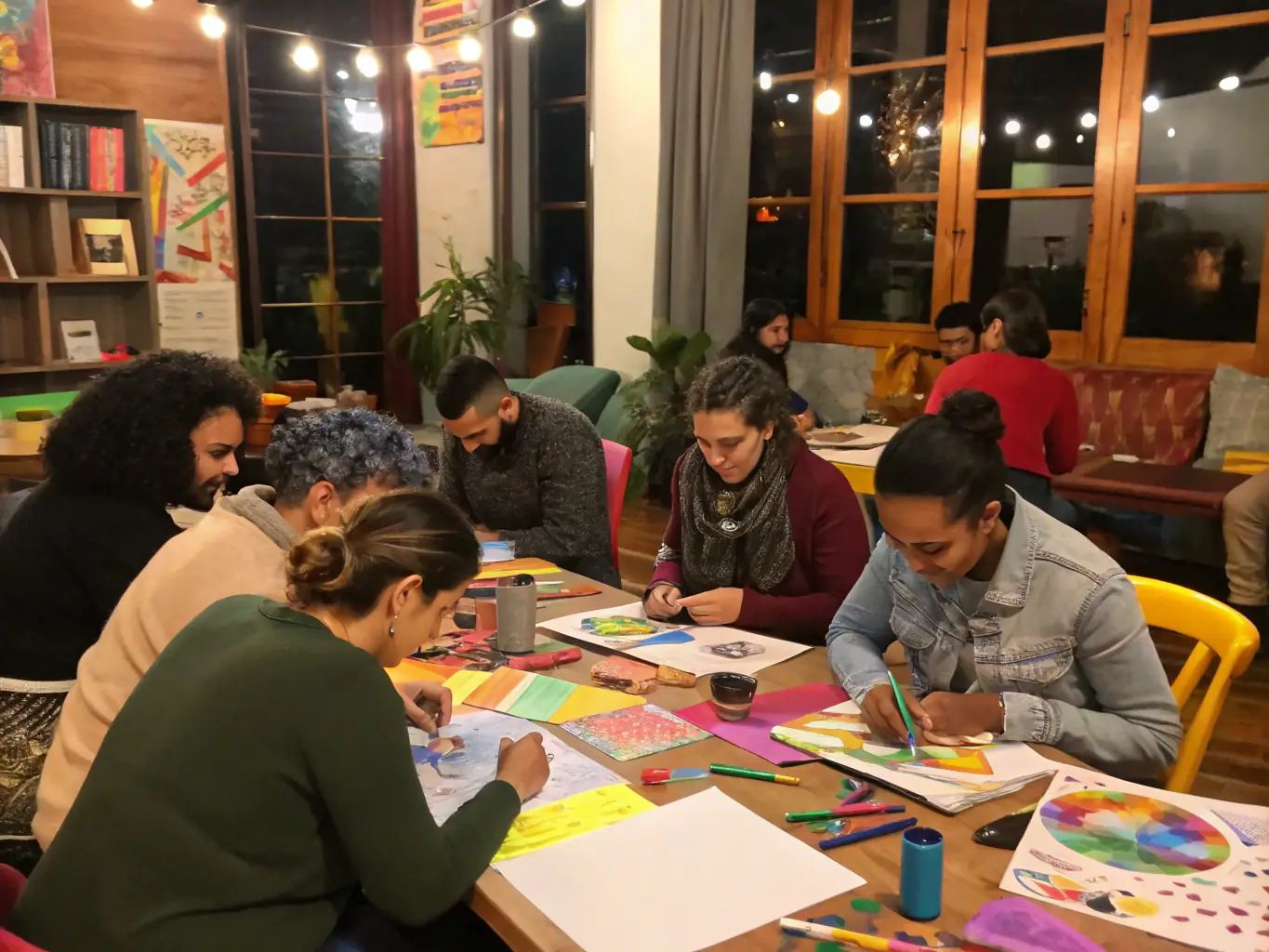 A photograph depicting participants actively involved in a hands-on art workshop at AGENT TROUBLANT, engaging with instructors and peers.