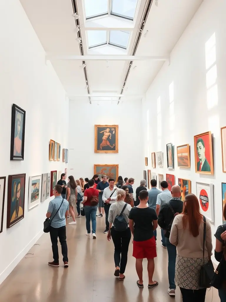 A vibrant photograph capturing a visual arts exhibition at AGENT TROUBLANT, showcasing diverse artworks and engaged attendees.