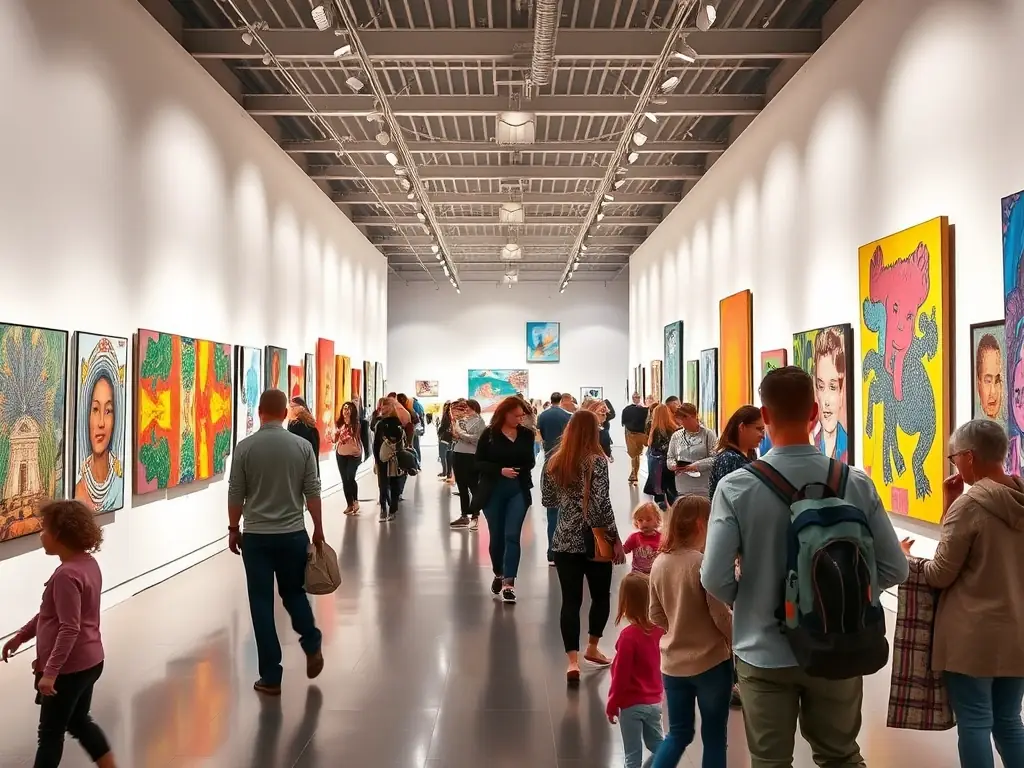 A photograph capturing a vibrant multidisciplinary art exhibition at AGENT TROUBLANT, showcasing various contemporary artworks and installations.